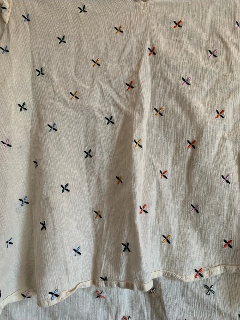 Madewell Cream V-Neck Puff Sleeve Top with Multicolor Cross Stitch Size XS